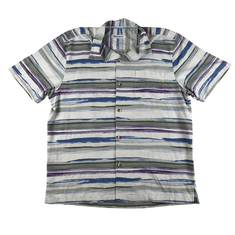Tommy Bahama Shirt Mens Large Stripe Short Sleeve Button Up IslandZone Silk